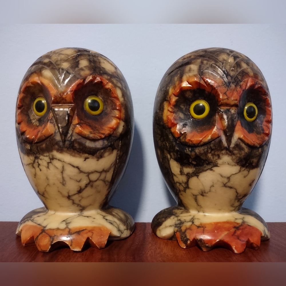 Vintage Genuine Alabaster Hand Carved Owl Bookends Made in Italy